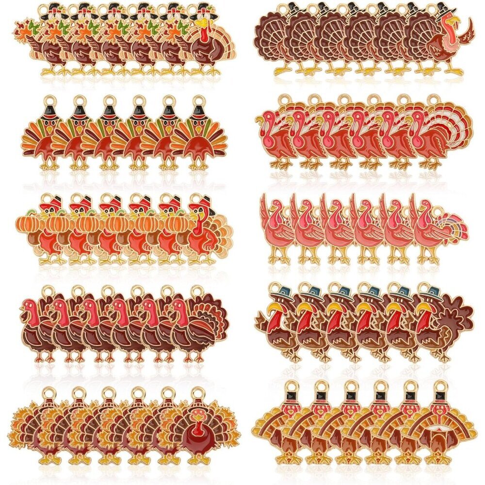 Fall Charms, 60Pcs Thanksgiving Turkey Charms for Jewelry Making, Various Turkey